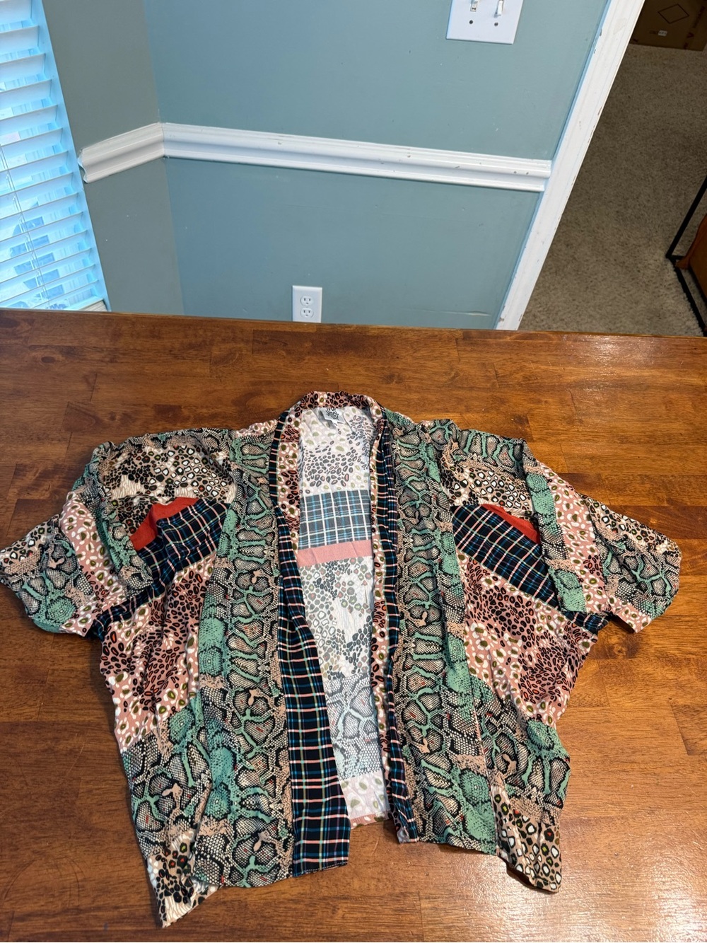 Ivy Jane Mixed Animal Print Plaid Patchwork Kimono Cardigan Jacket Boho Womens